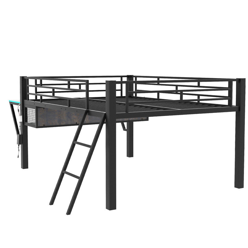Full Size Gaming Loft Bed with Desk, LED and Shelf, Metal Bed Frame with Mesh Undercarriage Storage, Full