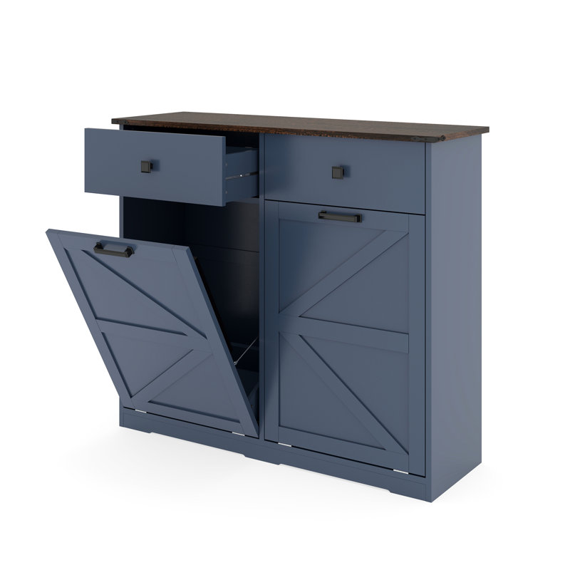 Armoire à ordures inclinable bleue 20 gallons, espace caché pour la cuisine, porte de grange avec 2 tiroirs, stable, matériau d'ingénierie en bois recyclé permettant d'économiser de l'espace, poignées en métal élégantes