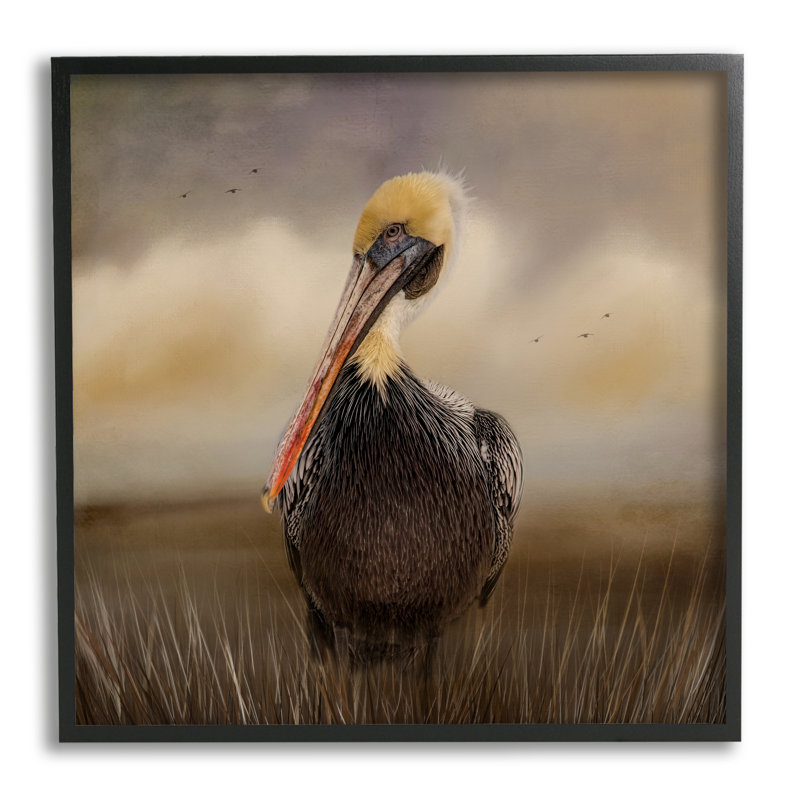 Pélican nuageux, ciel naturel, faune - photographie, Giclée encadrée noir minuit, H 12 po x l 12 po x P 1,5 po