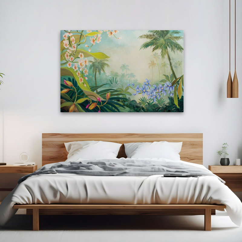 Orchidées au bord de la rivière - art floral noir, bleu et brun, H 40 po x l 60 po