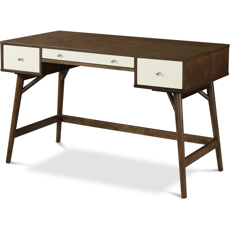 Medium Brown and White Rubberwood Writing Desk with Drawers