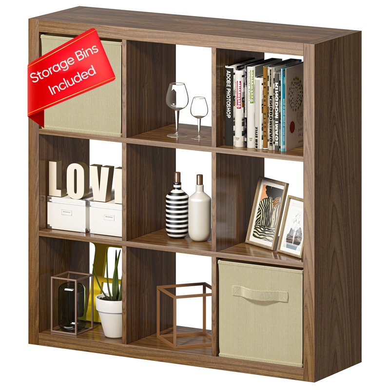 Classic Oak 9-Cube Wooden Storage Organizer with Bins