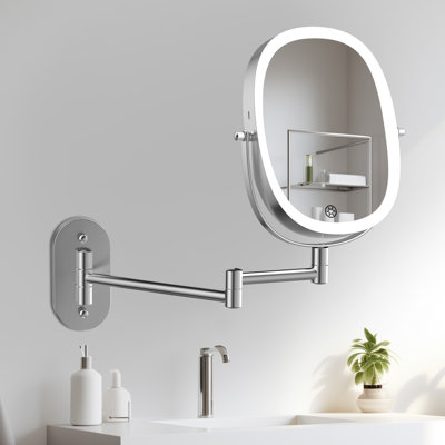Oval Chrome Metal Magnifying Rechargeable LED Wall Mounted Bathroom Vanity Makeup Mirror