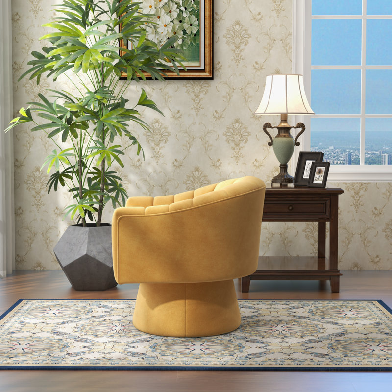 Fauteuil demi-tonneau pivotant de 25,2 po Iryanna, Velours jaune, 1