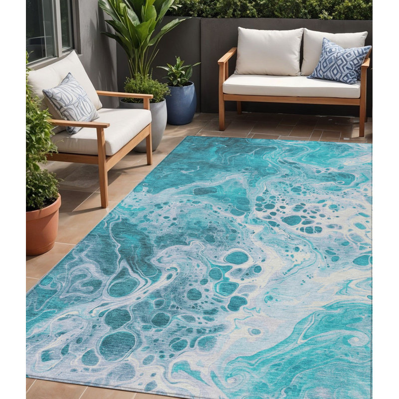 Tapis d'extérieur lavable abstrait bleu sarcelle et ivoire 5 pi x 8 pi