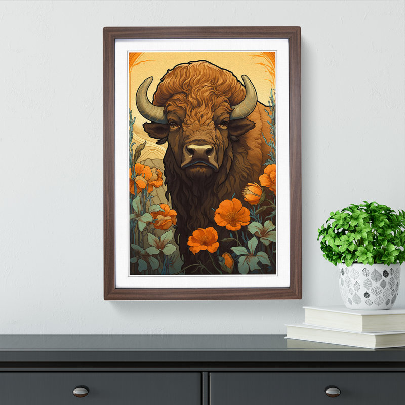 Bison Nouveau No.2 - Framed Print, 34cm H x 25cm W x 2cm D, Walnut Framed