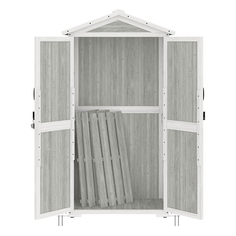 Gray and White Wooden Outdoor Storage Shed with Shelves
