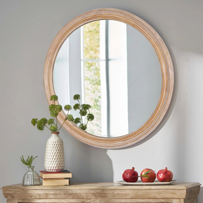 Miroir rond rond avec cadre en bois avec détail nervuré, 23,62 po, 23,62 po x 23,62 po, Naturel