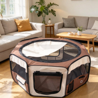 Brown Portable Pet Playpen for Cat Dog Puppy Rabbit Guinea Pig, Freestanding Indoor & Outdoor Small Animal Run Enclosure, Dia 90 x 41H cm