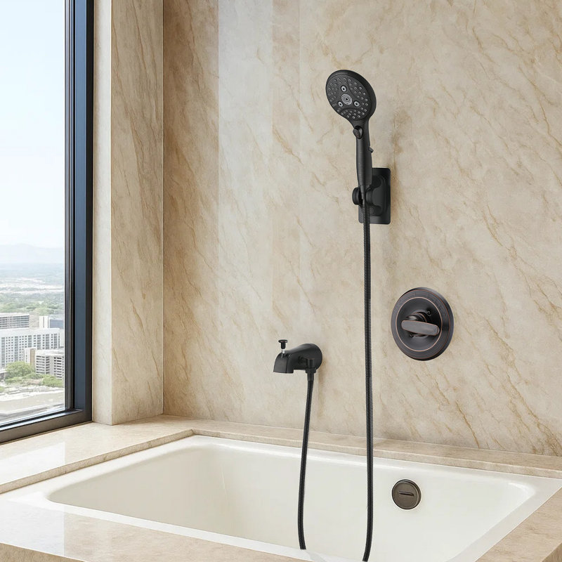 Bec de baignoire à inverseur relevable avec douche à main à 6 réglages (soupape brute non incluse), Bronze frotté à l'huile