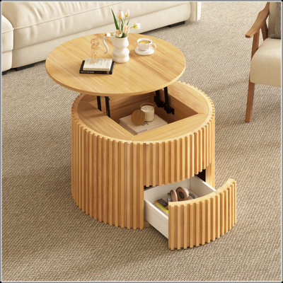Table basse ronde à plateau relevable avec rangement dissimulé, décor moderne en bois cannelé pour un salon polyvalent