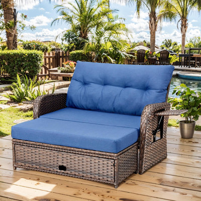 Outdoor PE Wicker Adjustable Reclining Daybed Patio Chair, 4-Position With Storage Ottoman With Cushions by Lark Manor