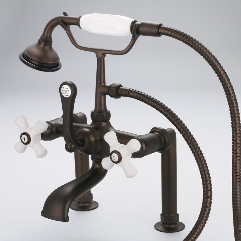 Stonington Deck Tub Spout, Porcelain Cross Handles, Oil Rubbed Bronze