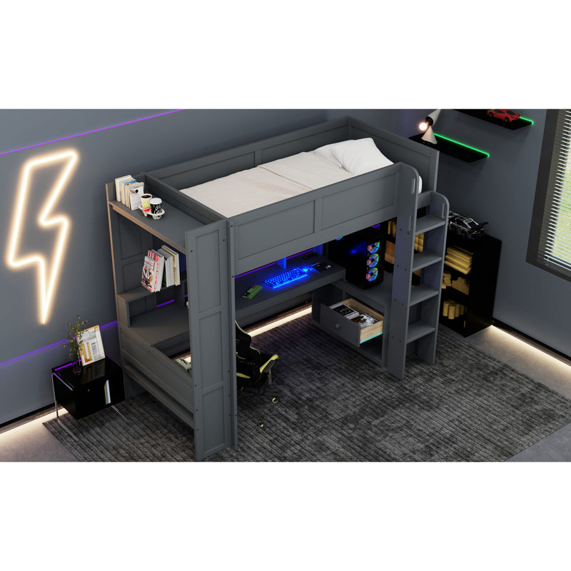 Lit mezzanine simple en bois avec bureau, tablettes multiples, DEL, unités de rangement multiples gris foncé, Hub
