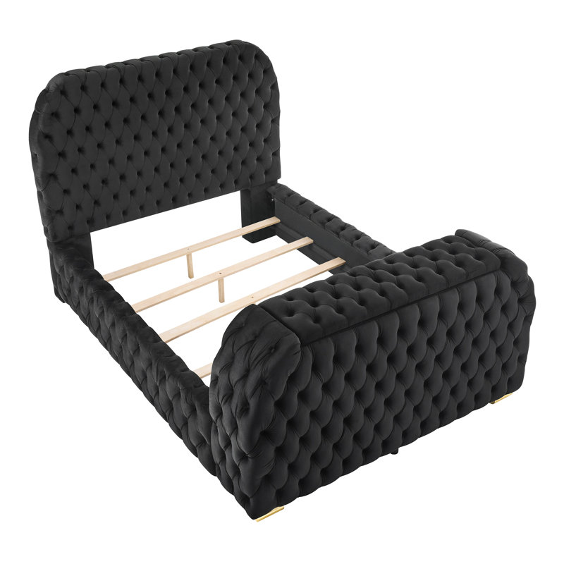 Mobilier de chambre à coucher encastré en velours noir avec télévision et 1 lit luxueux, Noir, noir, noir, noir, Grand lit