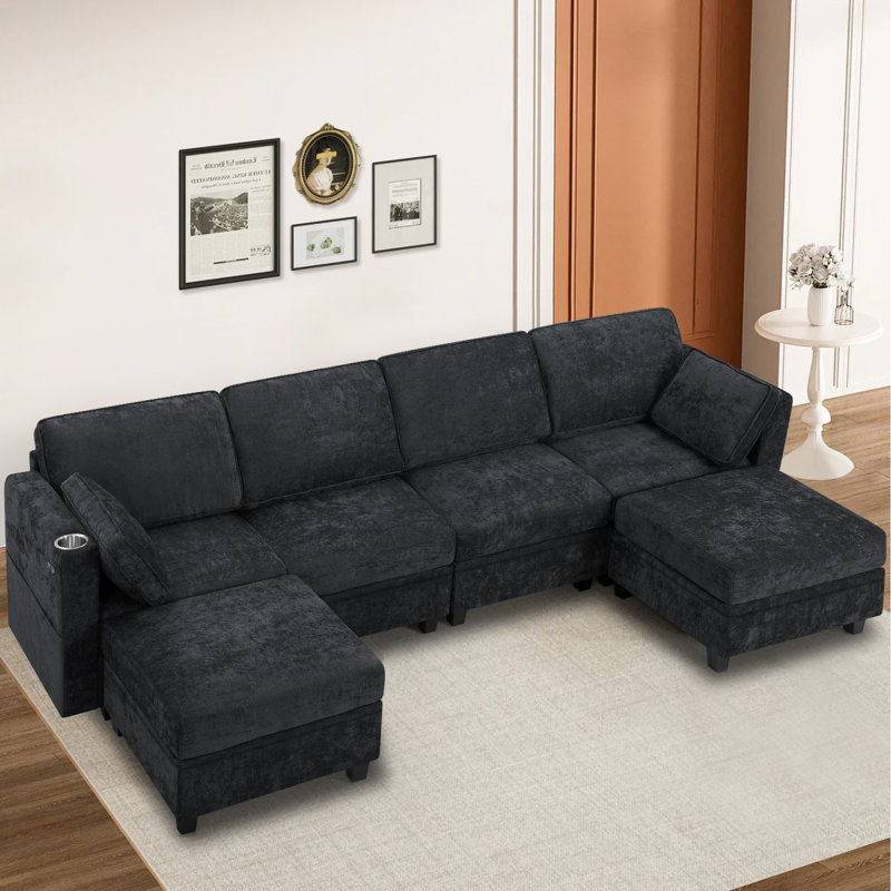 110" U-Shape Sectional Sofa W/Adjustable Backrests, 6-Seat Modular Couch W/Ample Storage Space, Chenille Upholstered Sofa W/Usb Port & Cup Holders For Livingroom, Bedroom