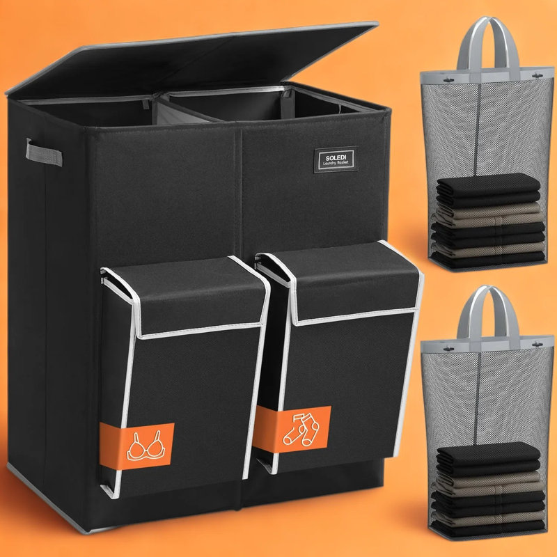 Double Laundry Hamper With Lid And Removable Bags, 180L Large Capacity 2-Section Laundry Sorter Basket With Side Pockets For Easy Sorting And Carrying