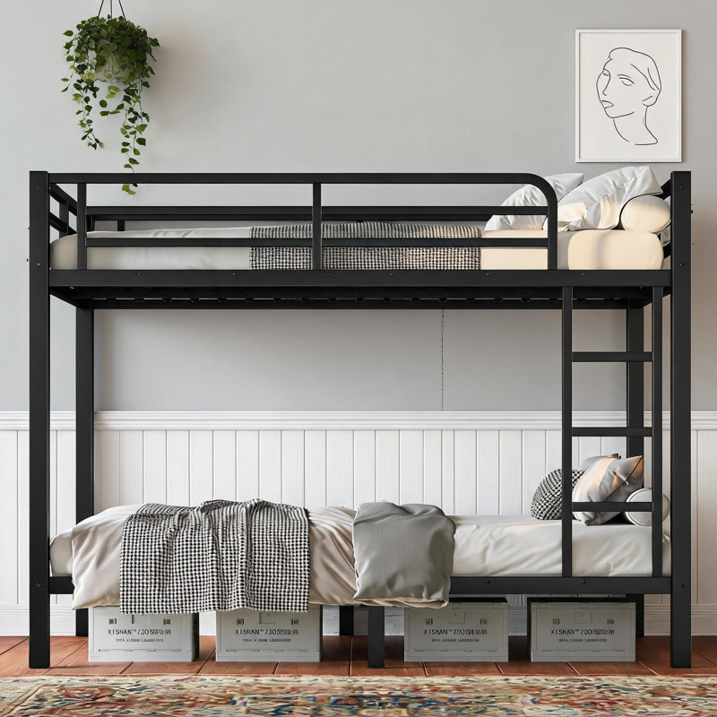 Lit superposé simple au-dessus de simple pour économiser de l'espace, cadre entièrement en métal sans bruit de sommier, noir classique pour les adolescents et les adultes