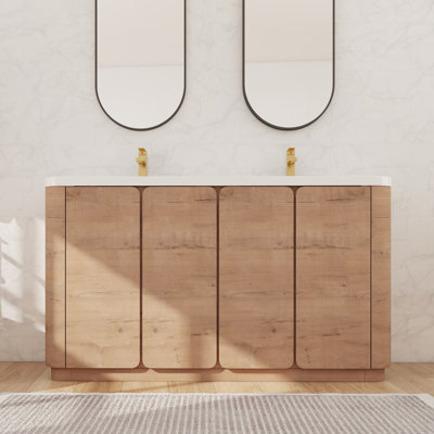 Meuble-lavabo double autoportant de 60 pouces avec deux lavabos en résine, deux armoires de rangement et étagères intérieures.