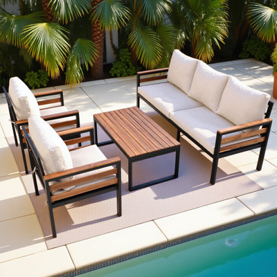 Ensemble de canapé d'extérieur 4 pièces pour 5 personnes avec accoudoirs en bois d'acacia, ensemble de conversation avec coussin amovible et table basse en bois massif pour le jardin, beige