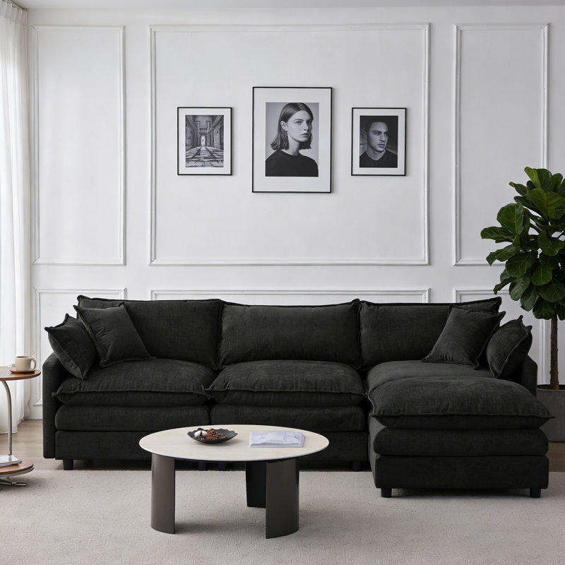 105" Modular Sectional Couch,Upholstered Soft Chenille Fabric Sofa,3 Seater With Ottoman L Shape Sofa Black, Black Chenille