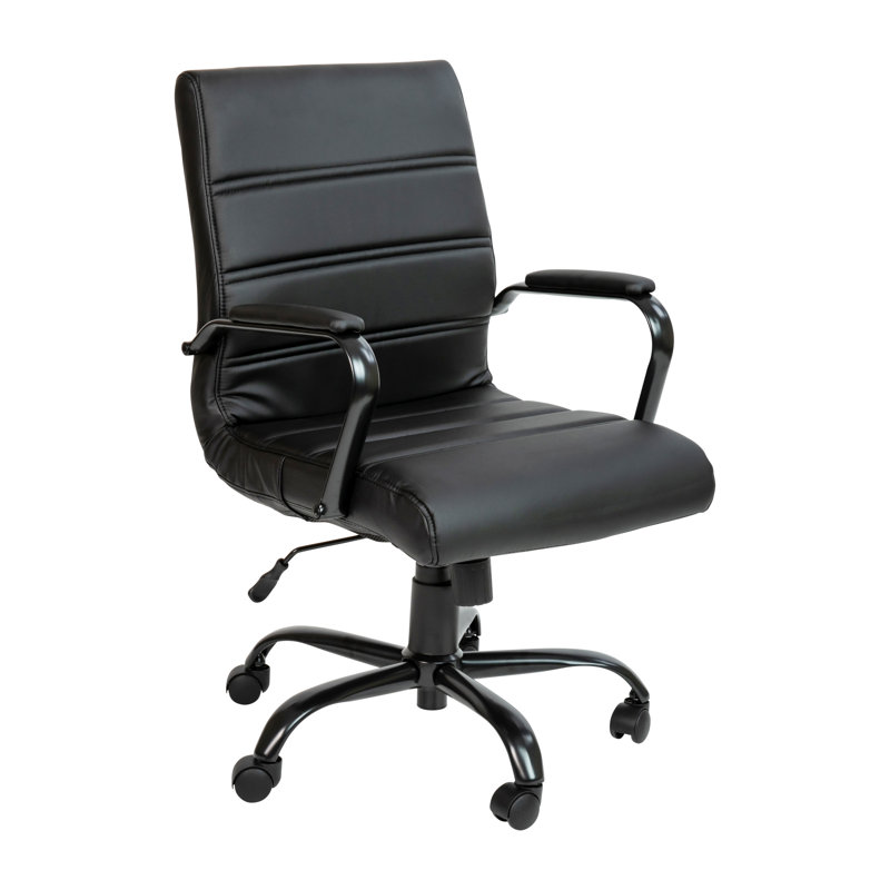 Whitney Ergonomic Upholstered Mid-Back Swivel Office Chair, Black Faux Leather, Black