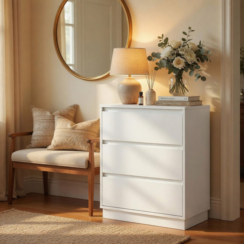 Table de chevet moderne à 3 tiroirs de 23,6 po de largeur avec grande table d'appoint en bois, White