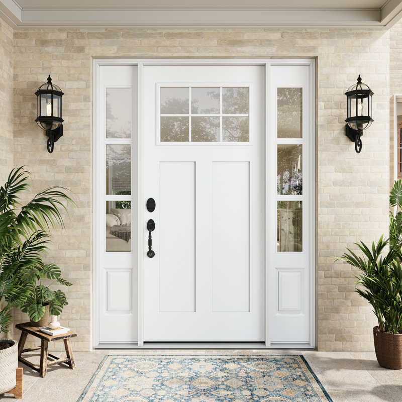 Fiberglass Exterior Door 36" x 80" Primed White 6-Lite On Top Clear Glass Fiberglass Door Fixed Double Sidelite White 3-Lite Clear Glass Door With Jamb, Right-Hand Inswing (Not Included Hardware Kit)