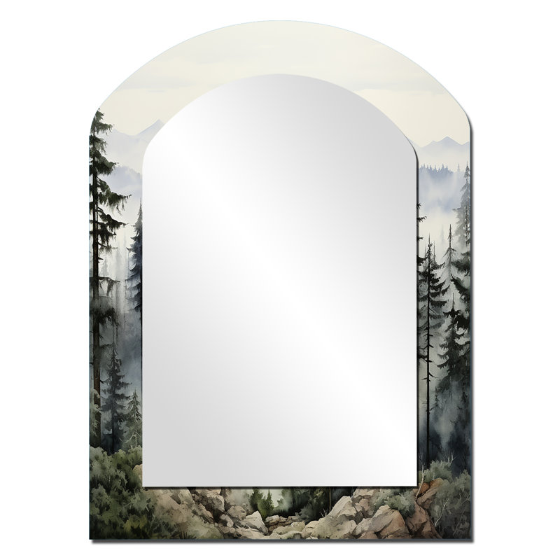 Pin Misty Mountain I - miroir décoratif en forme d'arche de pin, miroir mural asymétrique traditionnel, impression d'art en métal