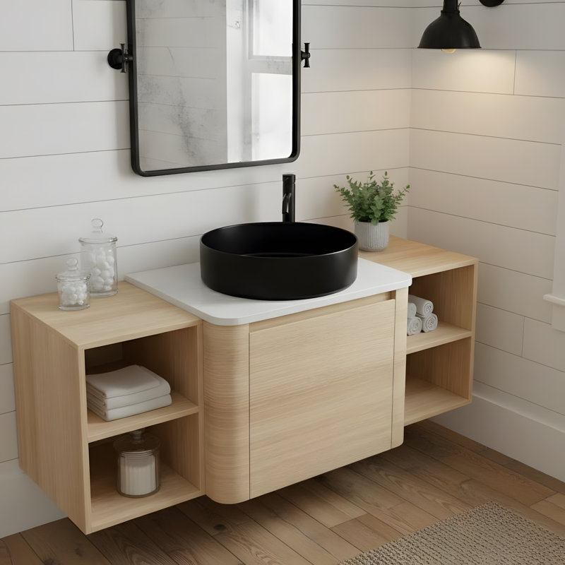 Meuble-lavabo mural avec lavabo en céramique, 1 porte à fermeture douce et 2 petites tablettes de rangement