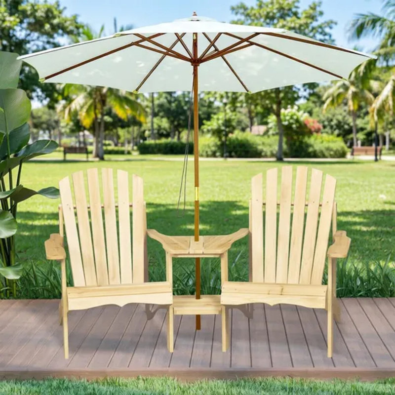 Banc Adirondack 2 places en bois de sapin avec table d'appoint centrale et trou pour parasol, siège pour foyer extérieur de patio
