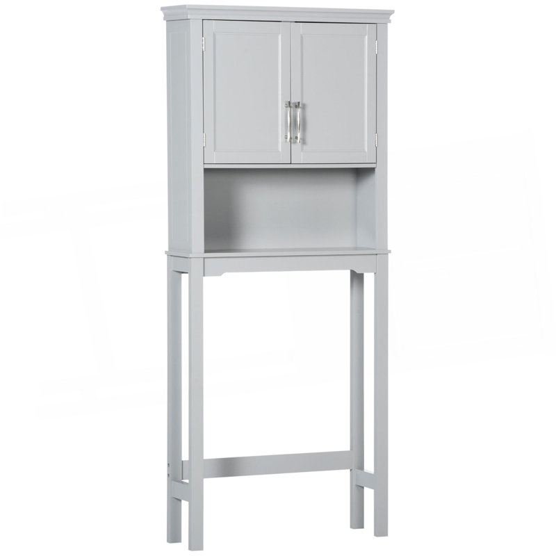 Kleankin Modern Over The Toilet Storage Cabinet, Double Door Bathroom Organizer With Inner Adjustable Shelf And Open Shelf, Grey