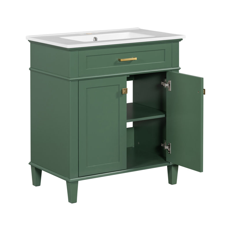 Green 30-Inch Solid Wood Bathroom Vanity with Ceramic Basin