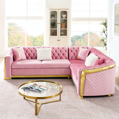 Canapé modulaire en L rose de 106 pouces avec accents en acier inoxydable doré, bouton en velours, 5 coussins, mousse haute, accoudoirs roulés, style moderne pour espace de vie, sièges de luxe, rembourrage en mousse, bois