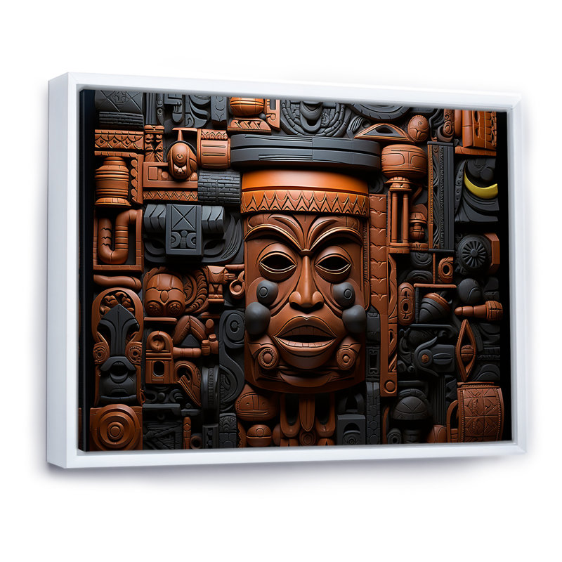 Masque africain brun et noir à motif de Kuba - Masque africain grand art mural, Cadre flottant blanc