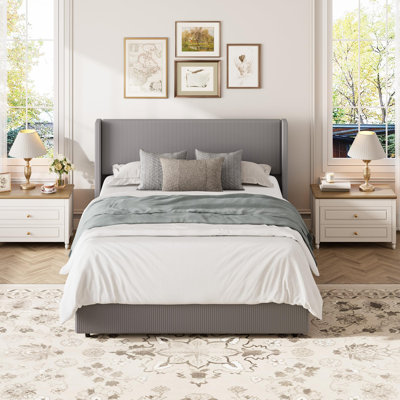 Lift Up Storage Bed Frame, Corduroy Upholstered Platform Bed with Gas Lift