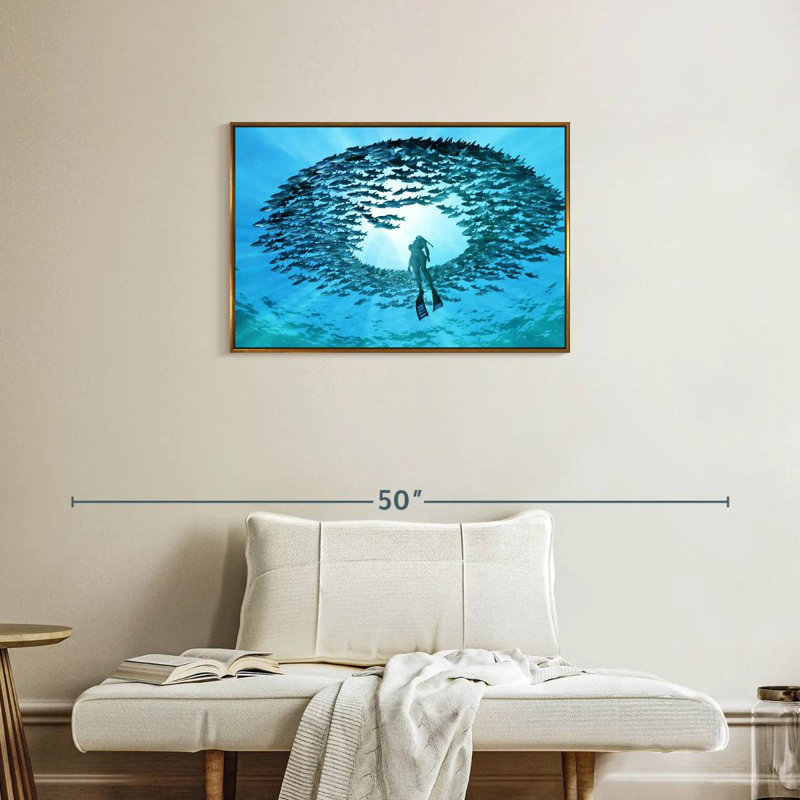 Plongée avec des poissons, 31 po x 21 po, Cadre flottant doré