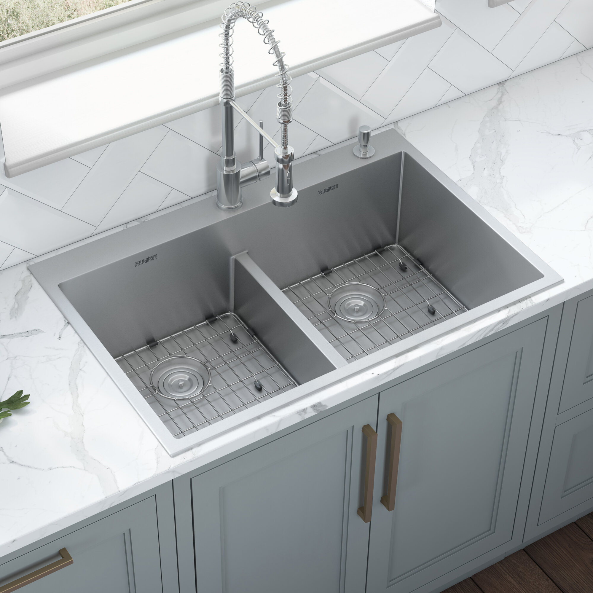 Serene Valley 36-in. Double Bowl Drop-in or Undermount Kitchen Sink with  Thin Divider & Reviews