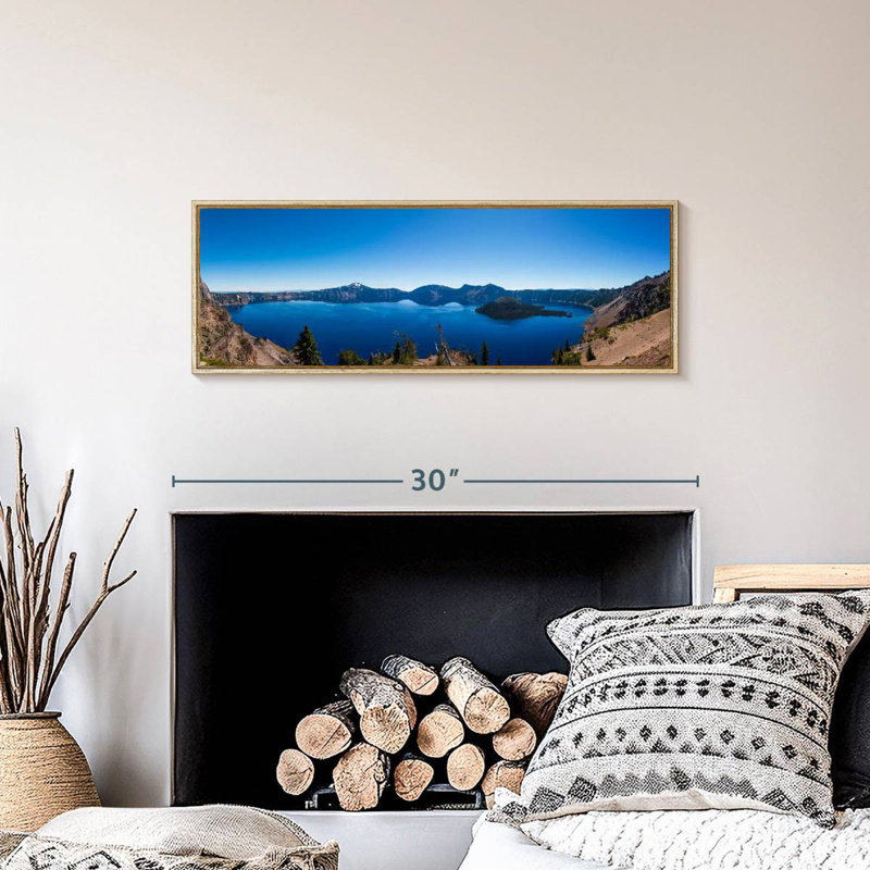 Horizon bleu du lac de cratère, Cadre flottant en bois naturel, 28 po x 10 po