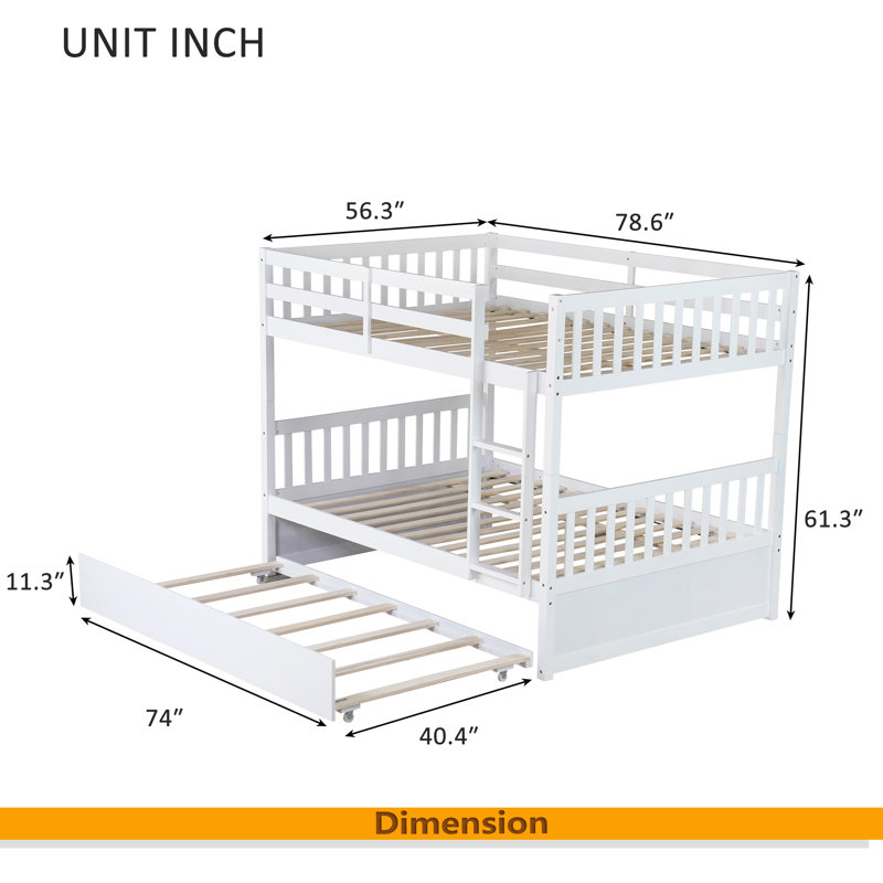 Full Over Full Rubber Wood Bunk Bed With Trundle, Ladder And Guardrails, Convertible To 2 Full Size Beds, With Twin Size Trundle