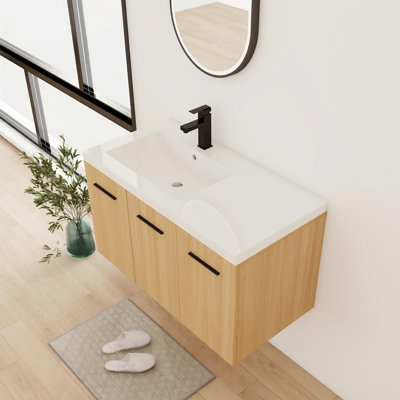 36'' Single Floating Bathroom Vanity With Left Resin Top Sink And Shelf
