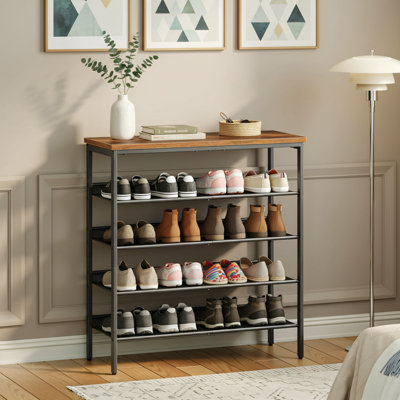 5-Tier Metal Shoe Rack With Adjustable Mesh Shelves; Holds 16-20 Pairs Of Shoes; Industrial Style Floor-Standing Entryway Wardrobe.