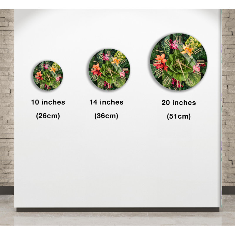 Horloge murale en verre trempé tropical, Noir romain, 14 pouces