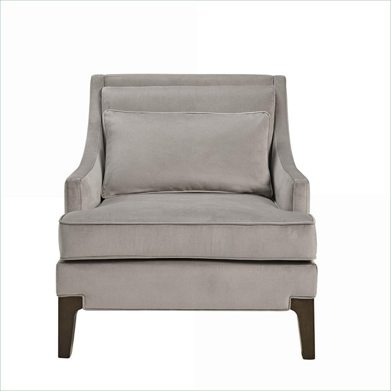 Chaise avec accoudoirs de salon de taille moyenne, structure en bois massif gris doux avec coussin lombaire