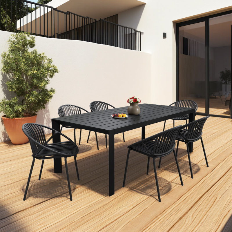 Ensemble de salle à manger d'extérieur 7 pièces Modern - Chaises empilables en aluminium et polypropylène, Noir