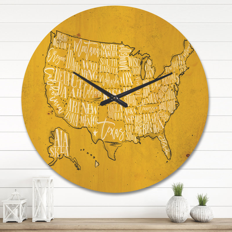 Carte vintage jaune des États-Unis - horloge murale moderne en bois, Très grand