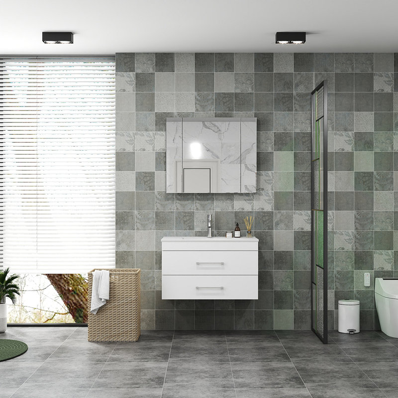 Meuble-lavabo mural en bois avec tiroirs doubles, système de fermeture en douceur, lavabo en céramique - créez un espace de salle de bain moderne et minimaliste!