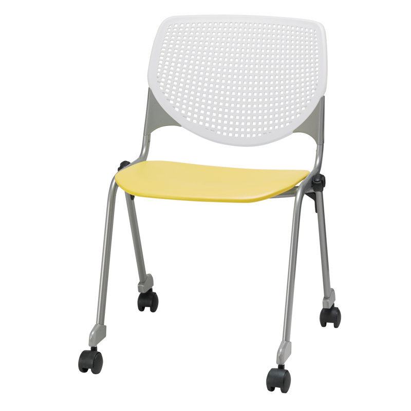 Chaise empilable en poly sans accoudoirs Kool, Avec des roulettes, Blanc / jaune