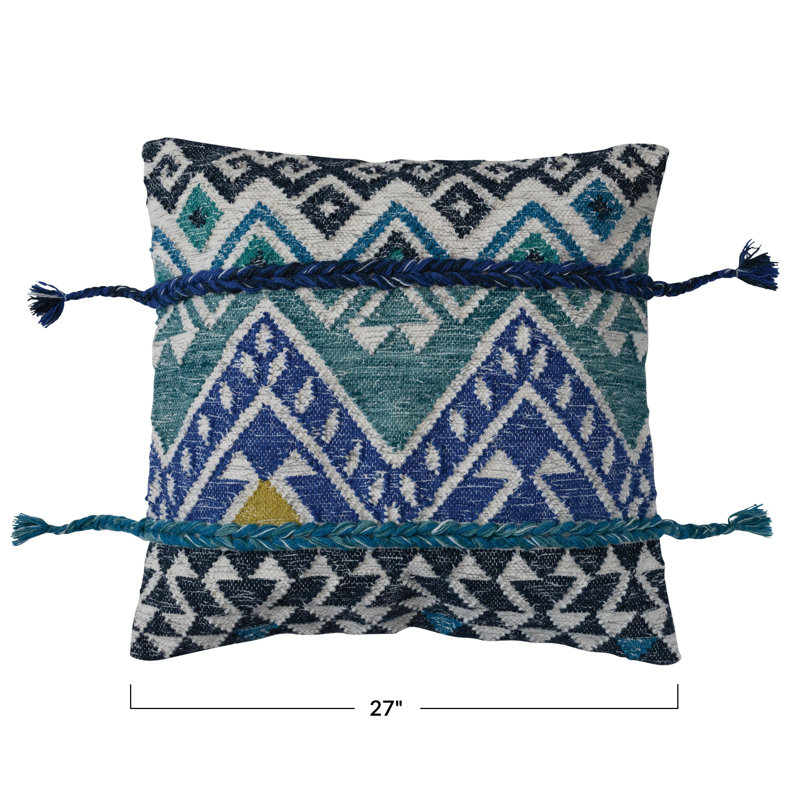 Multicolor Square Embroidered Ikat Wool and Cotton Pillow
