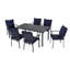 Ensemble repas 7 pièces en métal avec table rectangulaire et coussins bleus Maynard-122878501